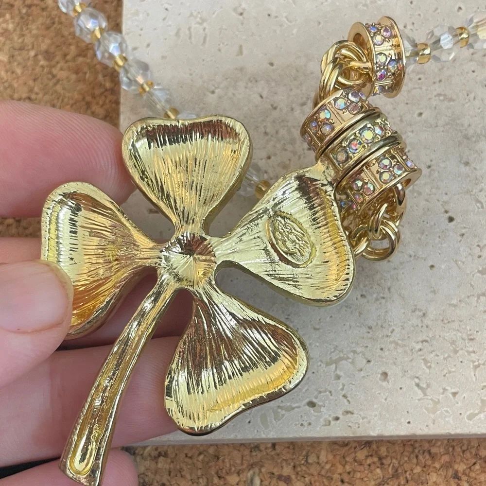 Kirks Folly Crystal Shamrock Clover Necklace Green Blue Lucky Charm Statement - Picture 5 of 6